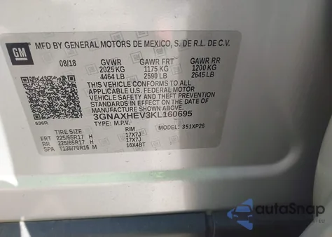 2019 Chevrolet Equinox Ls z USA, uszkodzony, nr VIN 3GNAXHEV3KL160695